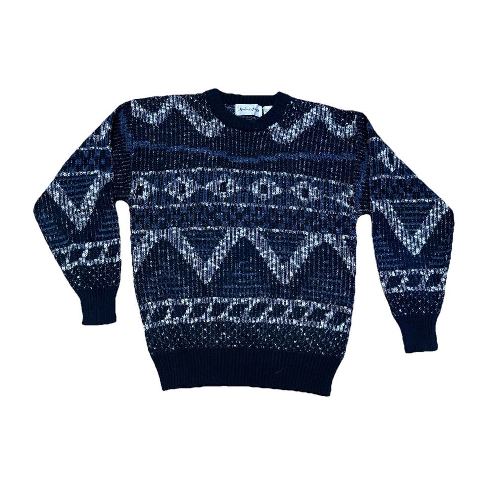 Vintage Mens Pullover Sweater Blue Gray Black Crew Neck Long Sleeve M 90s